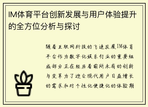 IM体育平台创新发展与用户体验提升的全方位分析与探讨