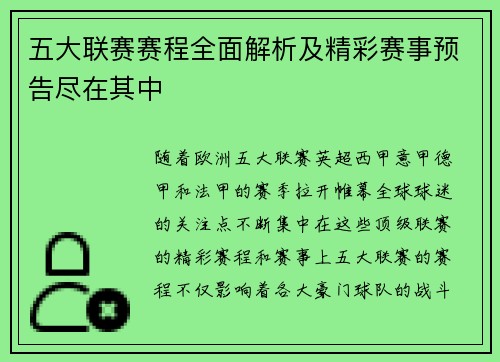 五大联赛赛程全面解析及精彩赛事预告尽在其中