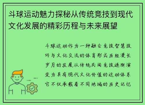 斗球运动魅力探秘从传统竞技到现代文化发展的精彩历程与未来展望